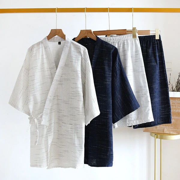 Japan Pajamas Set Cotton Striped 3/4 Sleeve Kimono Top Shorts Men Sleepwear Home