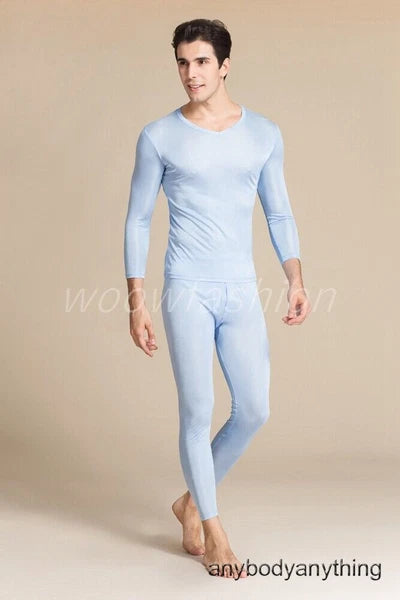 Men Mulberry Silk Thermal Long Johns Pajamas Underwear Baselayer Top&Bottom Set