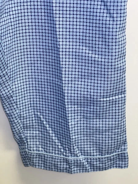 Haband Men's Size L Pajama Set 2-Pcs Check Blue  Short Sleeve Long Pants Pockets