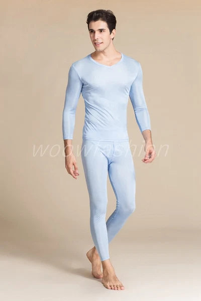Men Mulberry Silk Thermal Long Johns Pajamas Underwear Baselayer Top&Bottom Set