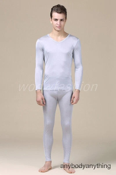 Men Mulberry Silk Thermal Long Johns Pajamas Underwear Baselayer Top&Bottom Set