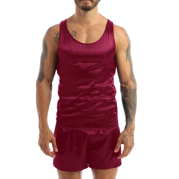 Mens Pajama Set Silky Satin Sleepwear Smooth Tank Top and Shorts 2 Pieces Set