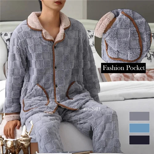 Men Coral Fleece Pajamas Plaid Jacquard Cardigan 2PCS Leisure Flannel Nightwear