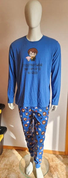 Harry Potter Mens Solemnly Swear Blue Printed Long Sleeve Pyjama Set Size L New