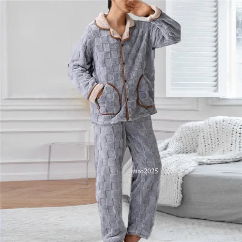 Men Coral Fleece Pajamas Plaid Jacquard Cardigan 2PCS Leisure Flannel Nightwear