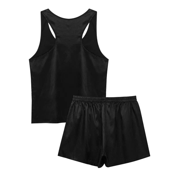 Mens Pajama Set Silky Satin Sleepwear Smooth Tank Top and Shorts 2 Pieces Set