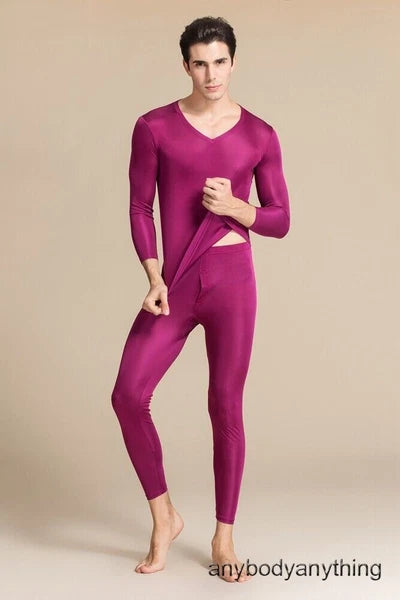 Men Mulberry Silk Thermal Long Johns Pajamas Underwear Baselayer Top&Bottom Set