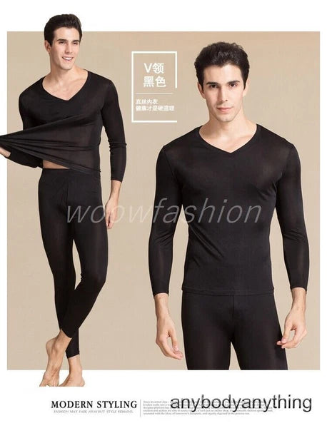 Men Mulberry Silk Thermal Long Johns Pajamas Underwear Baselayer Top&Bottom Set