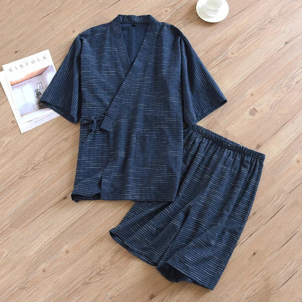 Japan Pajamas Set Cotton Striped 3/4 Sleeve Kimono Top Shorts Men Sleepwear Home