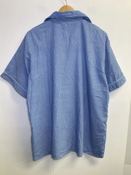 Haband Men's Size L Pajama Set 2-Pcs Check Blue  Short Sleeve Long Pants Pockets