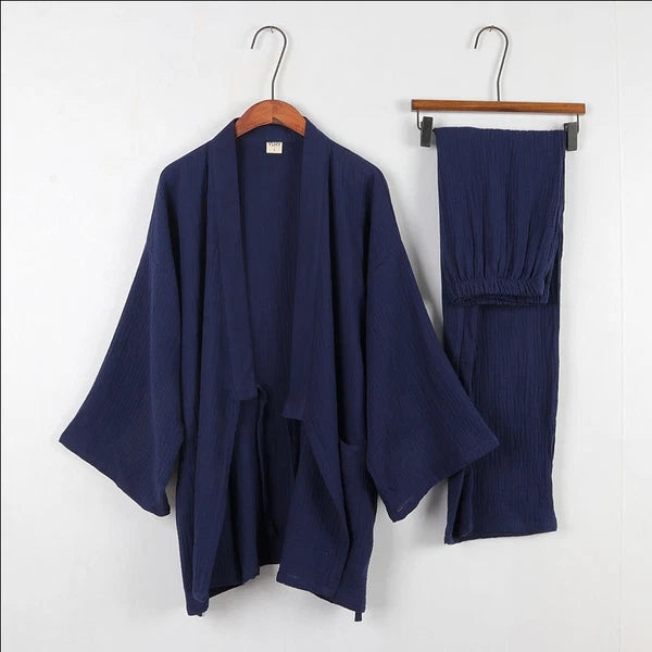 Japanese Men's Kimono Top Pants Sleepwear Robes Yukata Pajamas Set Crepe Cotton