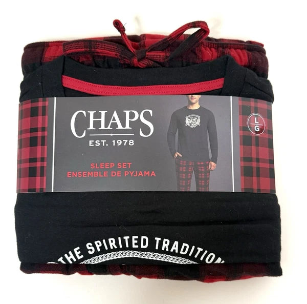 MEN'S CHAPS PAJAMA SET RED BLACK BLUE GRAY PLAID DRAWSTRING 2 POCKETS - SIZE L