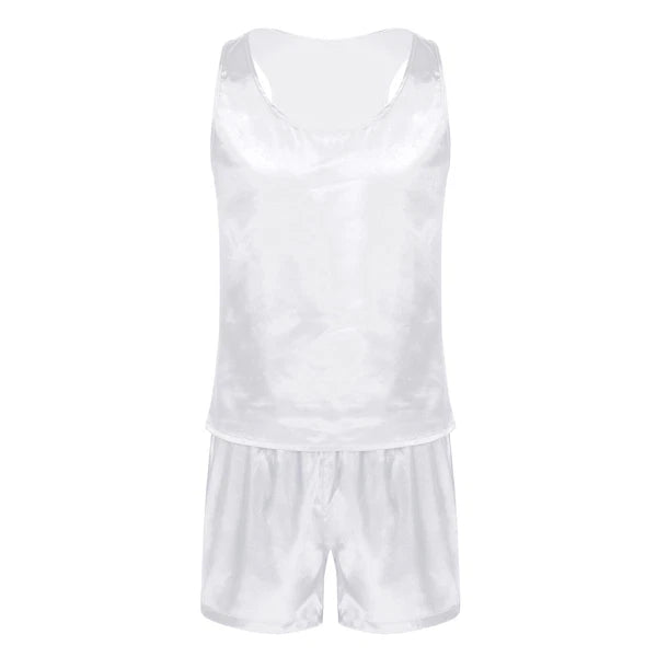 Mens Pajama Set Silky Satin Sleepwear Smooth Tank Top and Shorts 2 Pieces Set
