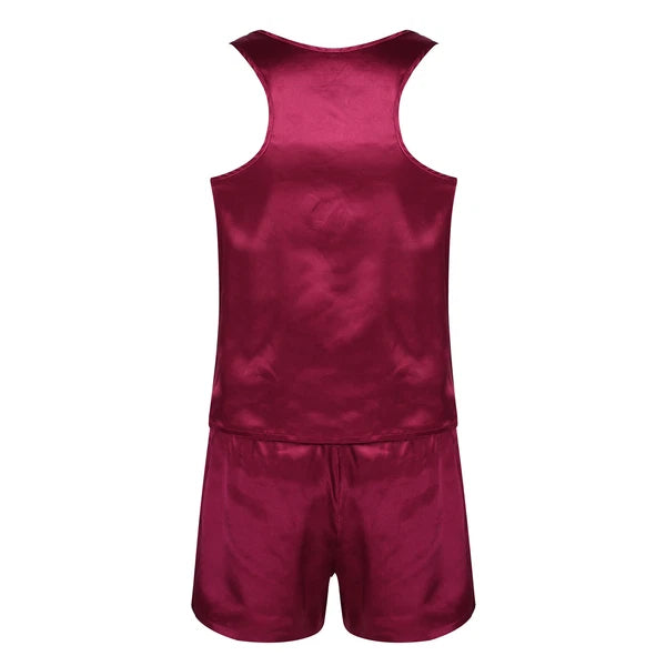 Mens Pajama Set Silky Satin Sleepwear Smooth Tank Top and Shorts 2 Pieces Set