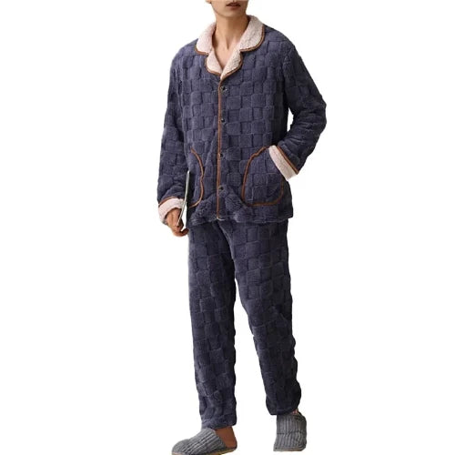 Men Coral Fleece Pajamas Plaid Jacquard Cardigan 2PCS Leisure Flannel Nightwear