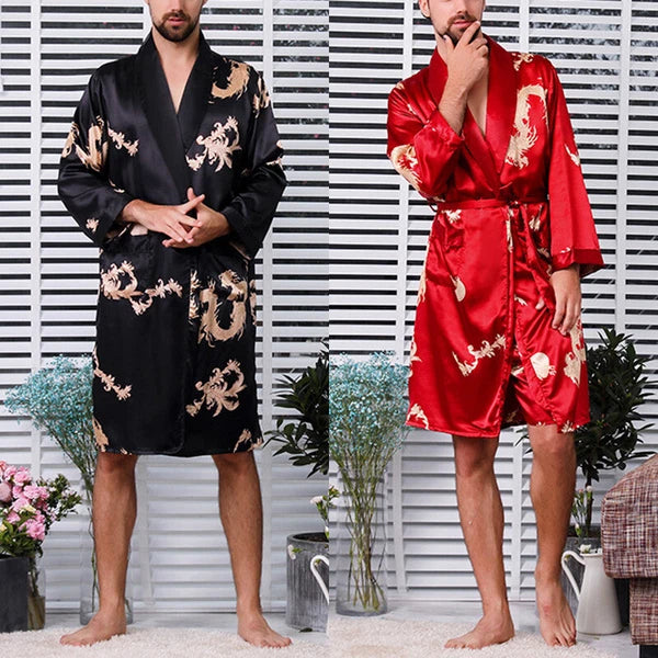 Men Silk Like Pyjama Set Dragon Print Pajamas Dressing Gown Robe Sleepwear Loose