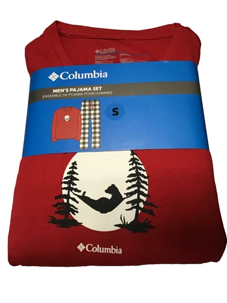 Columbia Men's Pajama Set Small Red/Black Bear Image Long Top and Bottom NEW