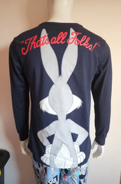 Looney Tunes Bugs Bunny Mens Navy Blue Printed 2 Piece Pyjama Set Size M New