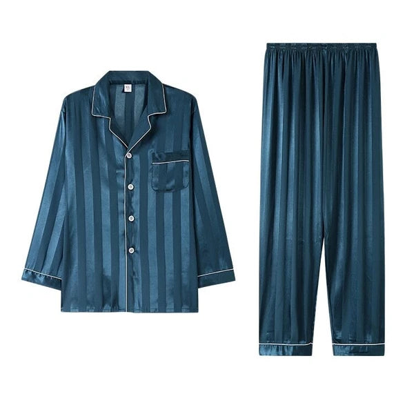 Mens Pajamas Nightwear Long Sleeve Sleep Tops Trousers Thin Ice Silk Pajamas Set