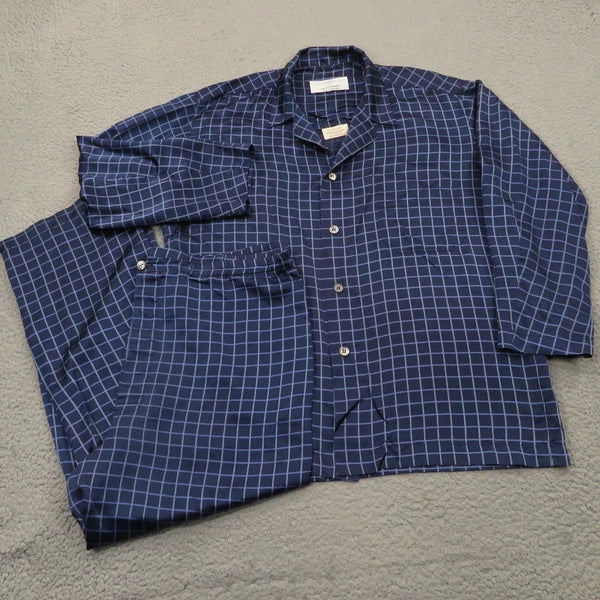 Daniel Hanson Silk Pyjama Set Mens XL Blue Check Shirt Pants Top Bottom Pajamas