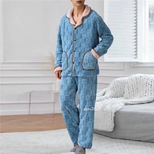 Men Coral Fleece Pajamas Plaid Jacquard Cardigan 2PCS Leisure Flannel Nightwear