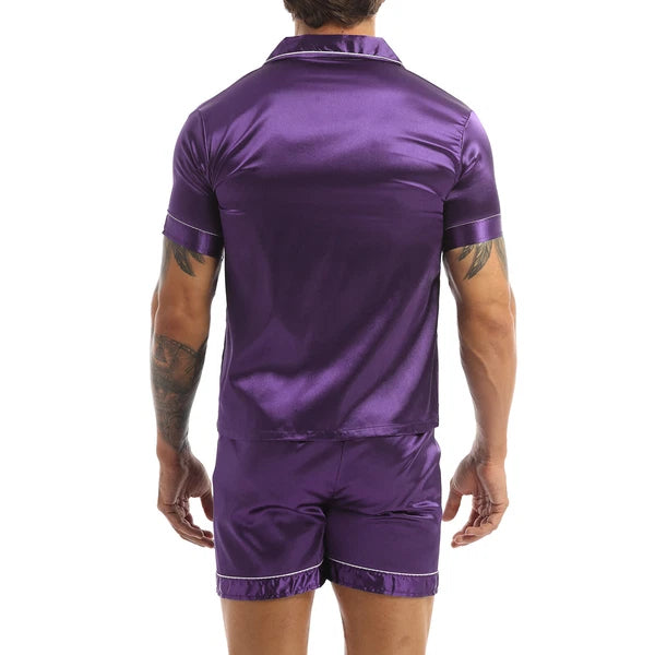Men's Short Sleeve Satin Pajama Set with Shorts Classic Sleepwear Loungewear