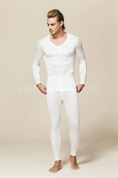 Men Mulberry Silk Thermal Long Johns Pajamas Underwear Baselayer Top&Bottom Set