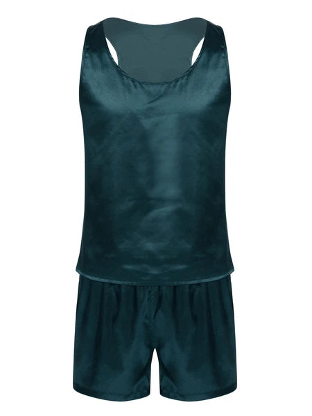 Mens Pajama Set Silky Satin Sleepwear Smooth Tank Top and Shorts 2 Pieces Set