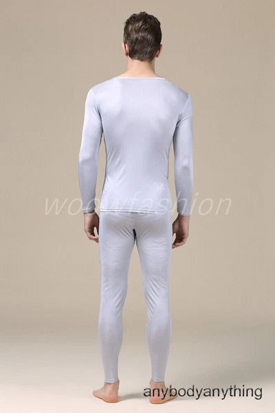 Men Mulberry Silk Thermal Long Johns Pajamas Underwear Baselayer Top&Bottom Set