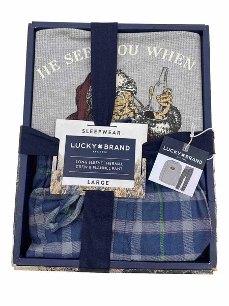 Lucky Brand Mens Large Santa Pajama Set Thermal Shirt Flannel Pant - NEW IN BOX