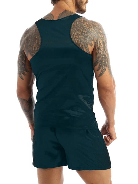 Mens Pajama Set Silky Satin Sleepwear Smooth Tank Top and Shorts 2 Pieces Set