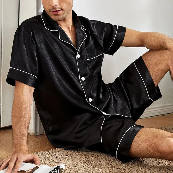 Mens Pajamas  Silk Satin Set Top and Shorts Sleepwear Nightwear Casual Pyjamas