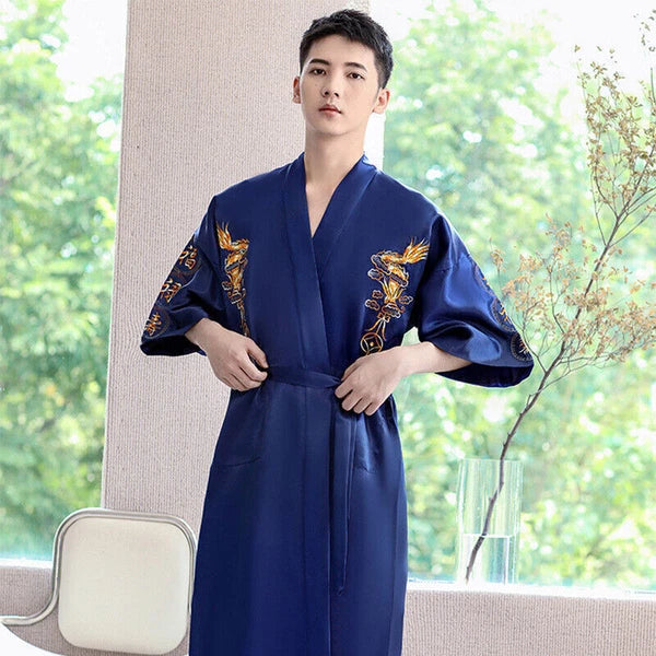 Hot Men's Silk Satin Japanese Chinese Kimono Dressing Gown Bath Robe Nightwear