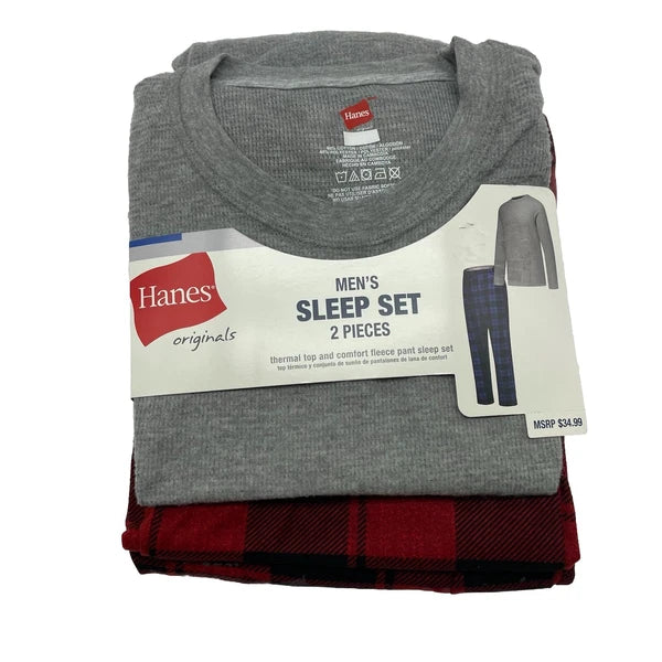 L Hanes Originals Men's 2 Pc Comfort Fleece Sleep Pajama Set Red Check Red LARGE