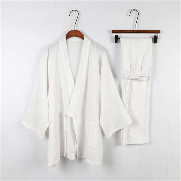 Japanese Men's Kimono Top Pants Sleepwear Robes Yukata Pajamas Set Crepe Cotton