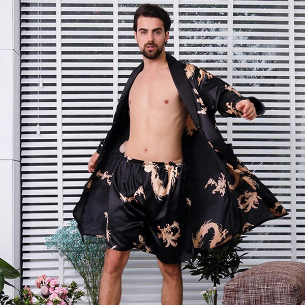Men Silk Like Pyjama Set Dragon Print Pajamas Dressing Gown Robe Sleepwear Loose