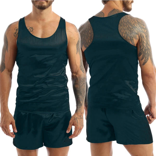 Mens Pajama Set Silky Satin Sleepwear Smooth Tank Top and Shorts 2 Pieces Set