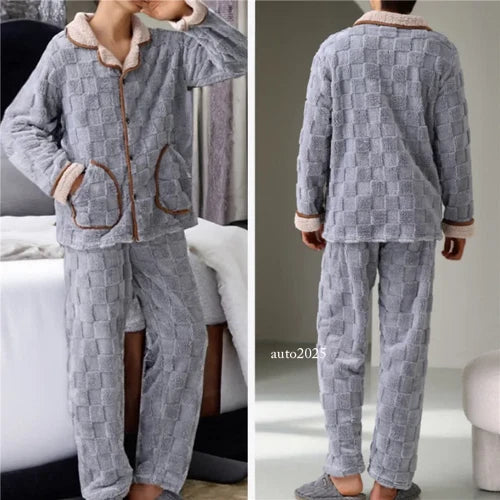 Men Coral Fleece Pajamas Plaid Jacquard Cardigan 2PCS Leisure Flannel Nightwear