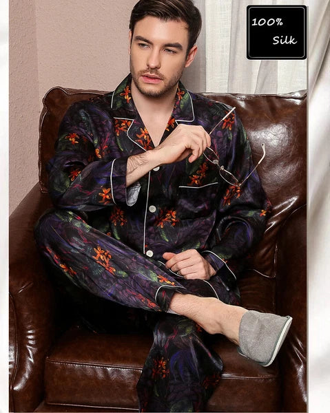 Men's Print 100% Mulberry Silk Pajamas Set Winter Long Sleeves Silk Sleepwear