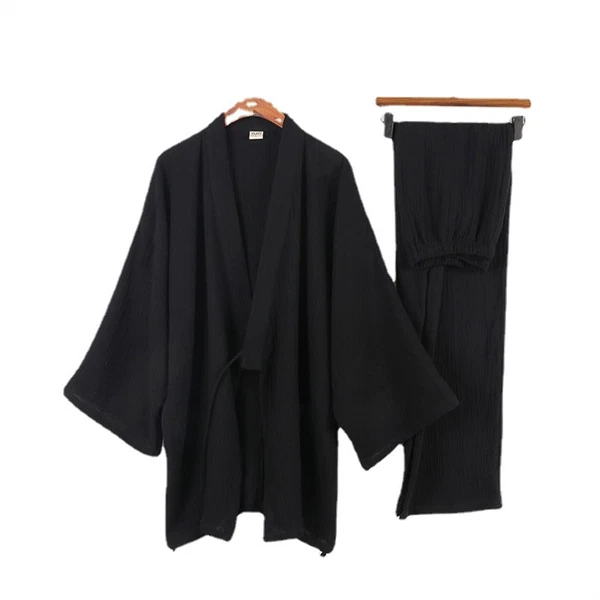 Japanese Men's Kimono Top Pants Sleepwear Robes Yukata Pajamas Set Crepe Cotton