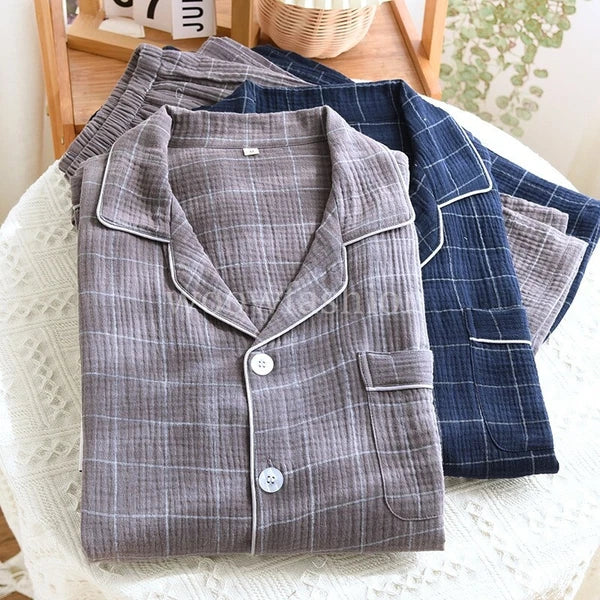 Men Cotton Gauze Long Sleeve Pajamas Set Sleepwear & Loungewear Button Down Pjs