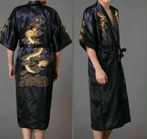 Hot Men's Silk Satin Japanese Chinese Kimono Dressing Gown Bath Robe Nightwear