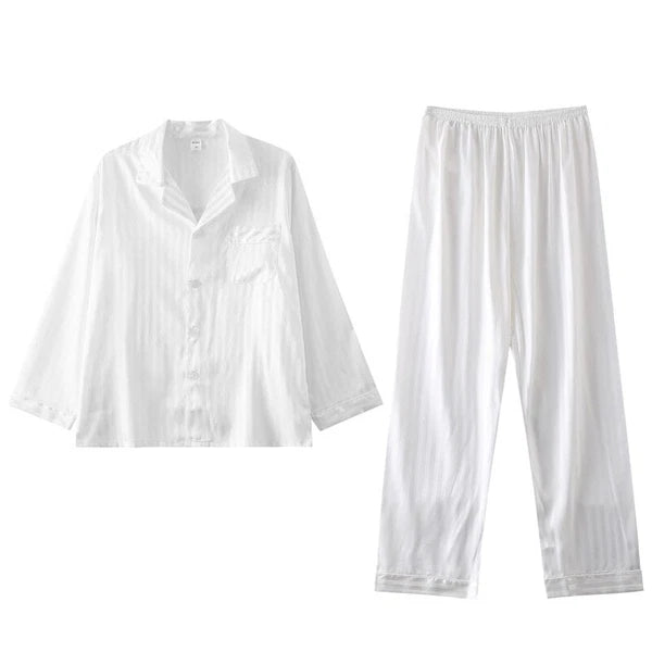 Mens Pajamas Nightwear Long Sleeve Sleep Tops Trousers Thin Ice Silk Pajamas Set