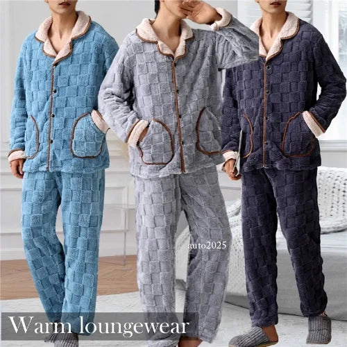 Men Coral Fleece Pajamas Plaid Jacquard Cardigan 2PCS Leisure Flannel Nightwear