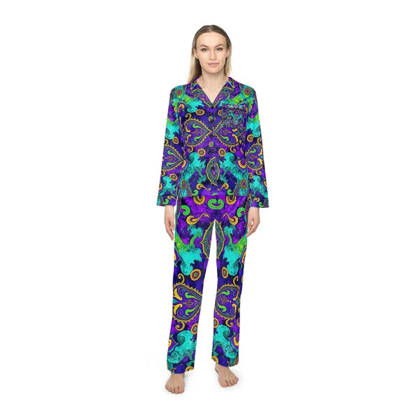 Legends Ice Paisley Satin Pajamas, Women's Luxury Lounge Wear Set, Silky PJ Set,