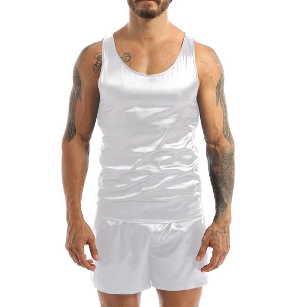 Mens Pajama Set Silky Satin Sleepwear Smooth Tank Top and Shorts 2 Pieces Set