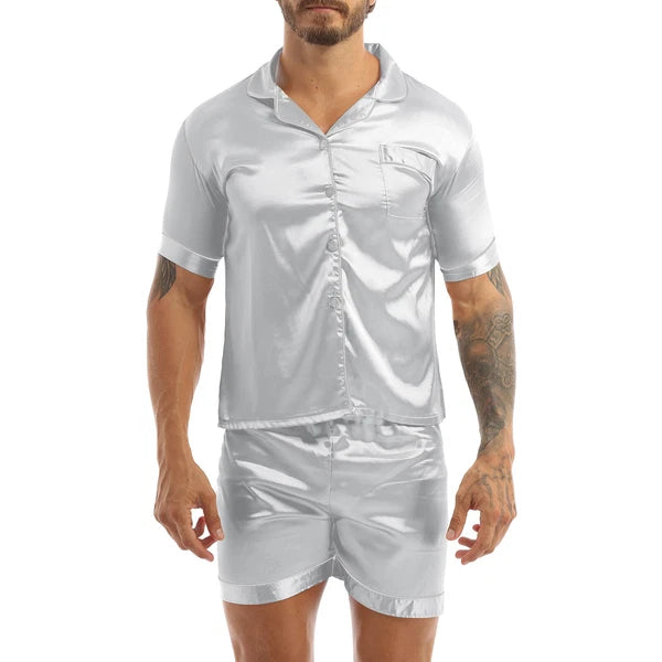 Mens Shiny Satin Pajamas Set Short Sleeves Button Down Shirt with Boxer Short