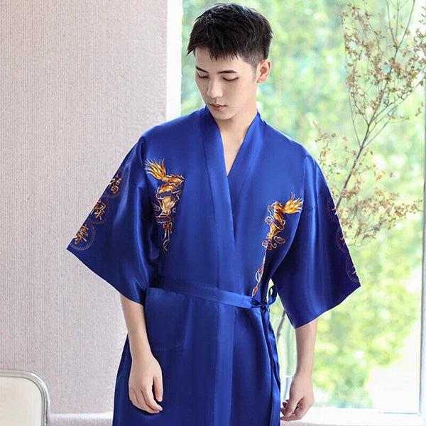 Hot Men's Silk Satin Japanese Chinese Kimono Dressing Gown Bath Robe Nightwear