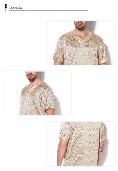 Mens 100% Silk Print Sleepwear T-shirt Top & Shorts Set Silk Pajamas Set S M L