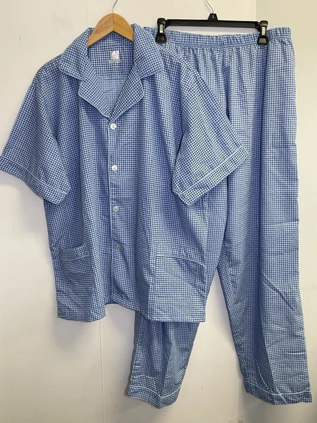 Haband Men's Size L Pajama Set 2-Pcs Check Blue  Short Sleeve Long Pants Pockets